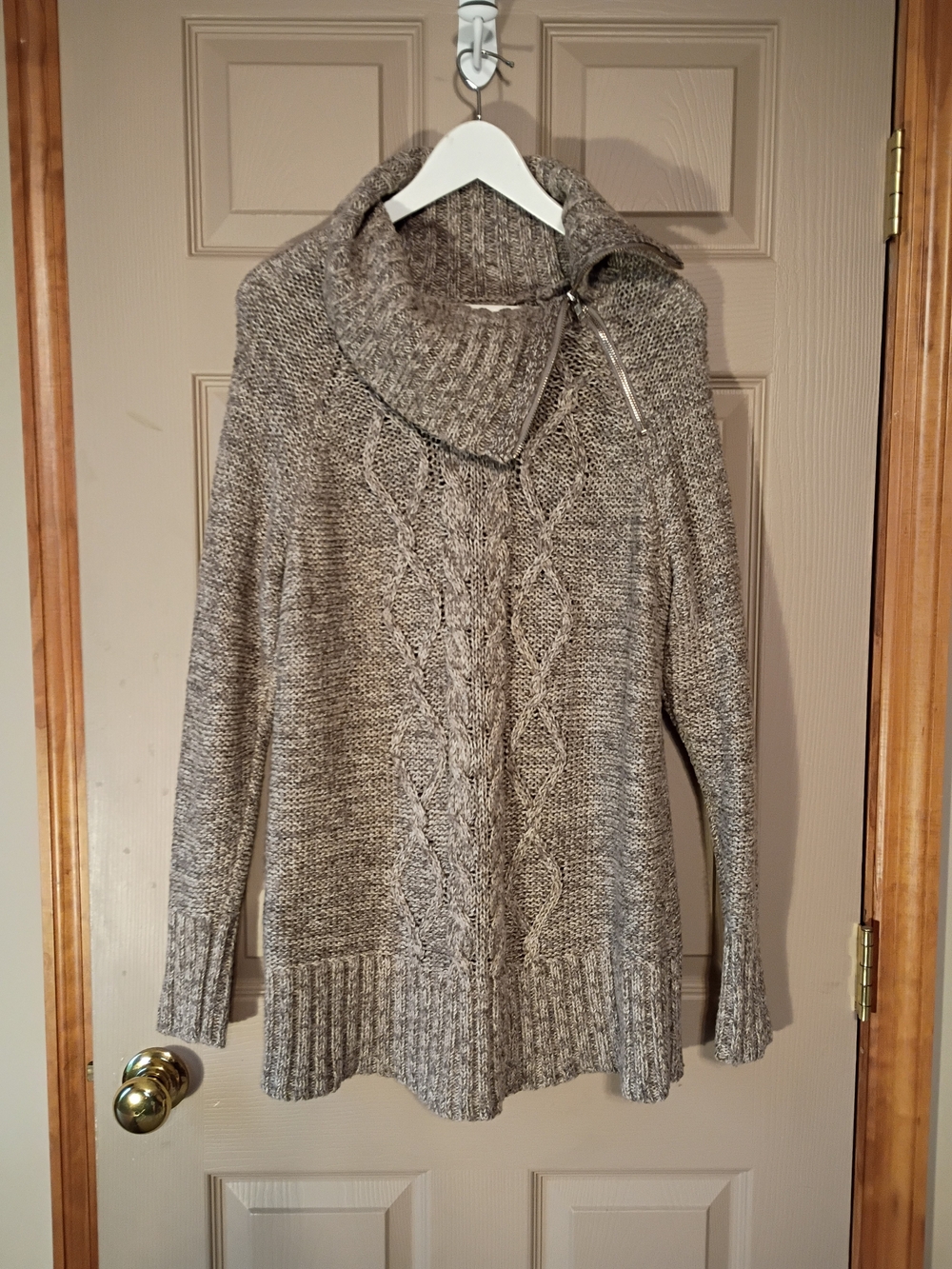 Old Navy Taupe Cable-Knit Funnel Pullover with Zip Detail